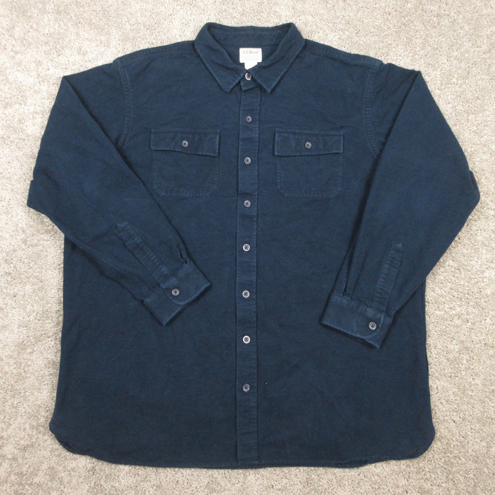 LL Bean Shirt Mens 2XL Tall Blue Chamois Cloth Two Pocket Work Flannel Button Up